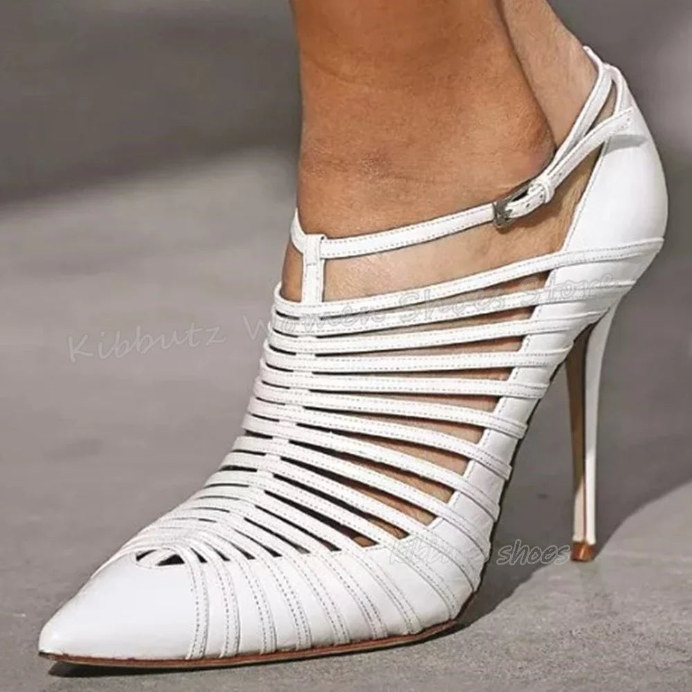 Hollow Pumps Belt Buckle Luxury Leather Solid Color Fashion Concise Elegant Novelty Sexy Women Shoes Newest Pointy Thin Heels