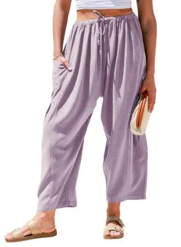 Loose Wide Leg Pants Women's Clothing Elastic Waist Pleated High Waist Casual Cotton Linen Solid Color Trousers Pants