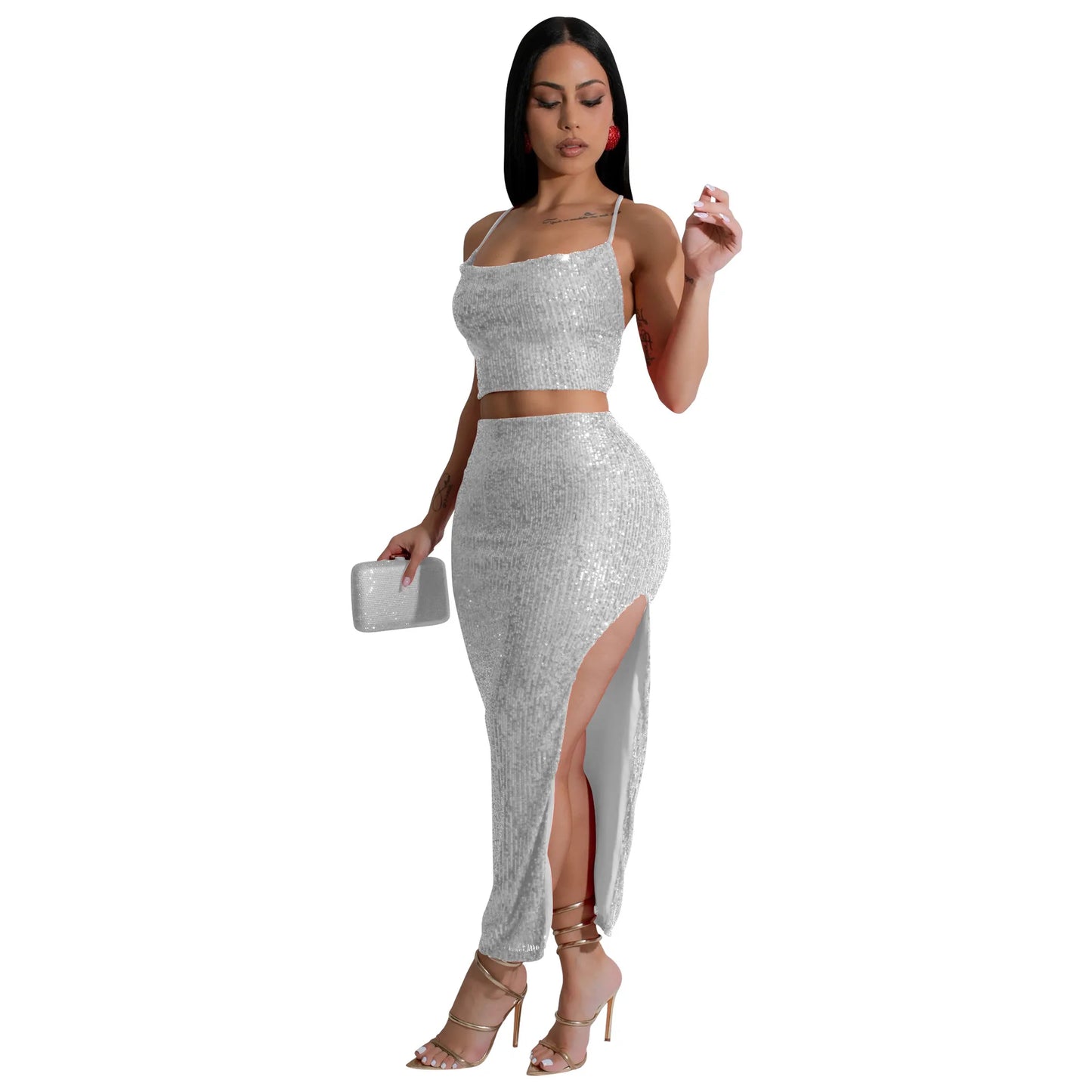 CM.YAYA Women Strapless Sleeveless Sequined Top + Long Skirt Suit 2025 Street Sexy Party Matching Two 2 Piece Dress Sets Outfit