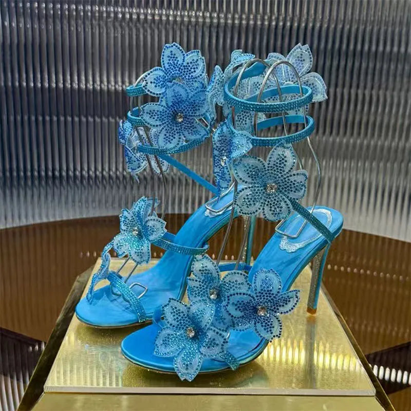 Rhinestone Flower Embellished Wedding High Heel Sandals for Women