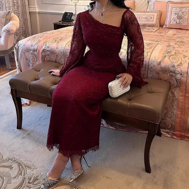 Sexy Lace Slanted Neck Women's Evening Dress Autumn New Long Sleeved High Waist A-line Dress Elegant Pleated Slim Fit Maxi Dress