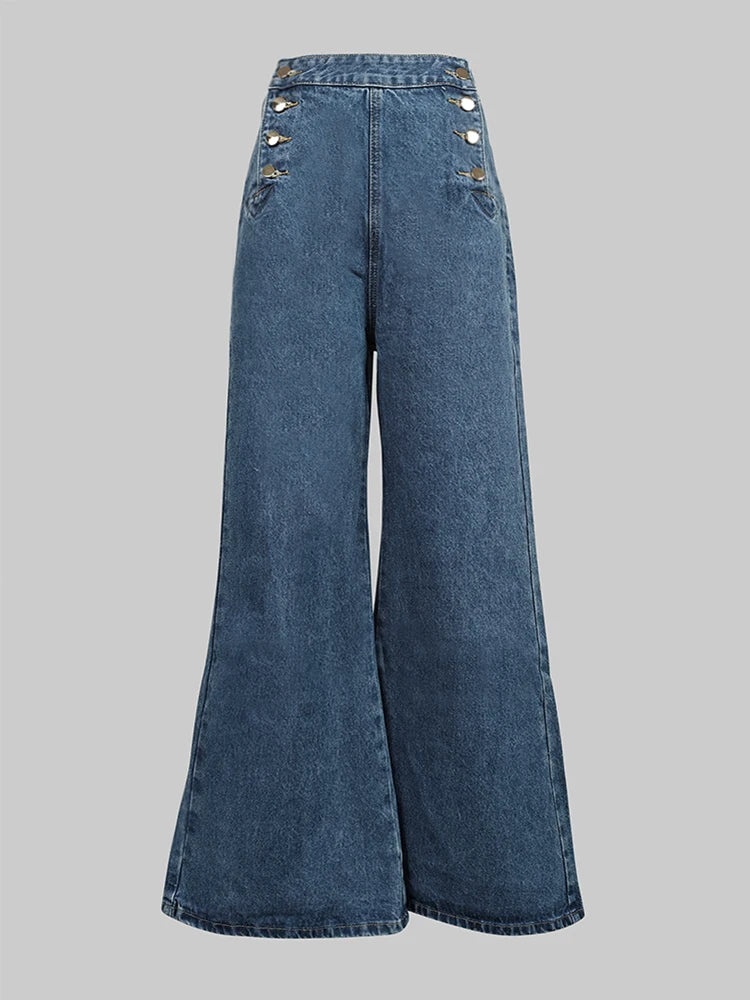 Beautyblue Fashion Women's Jeans Button Baggy Denim Jeans Pants High Waist Casual Classic Blue Wide Leg Trouser Female Y2K Punk