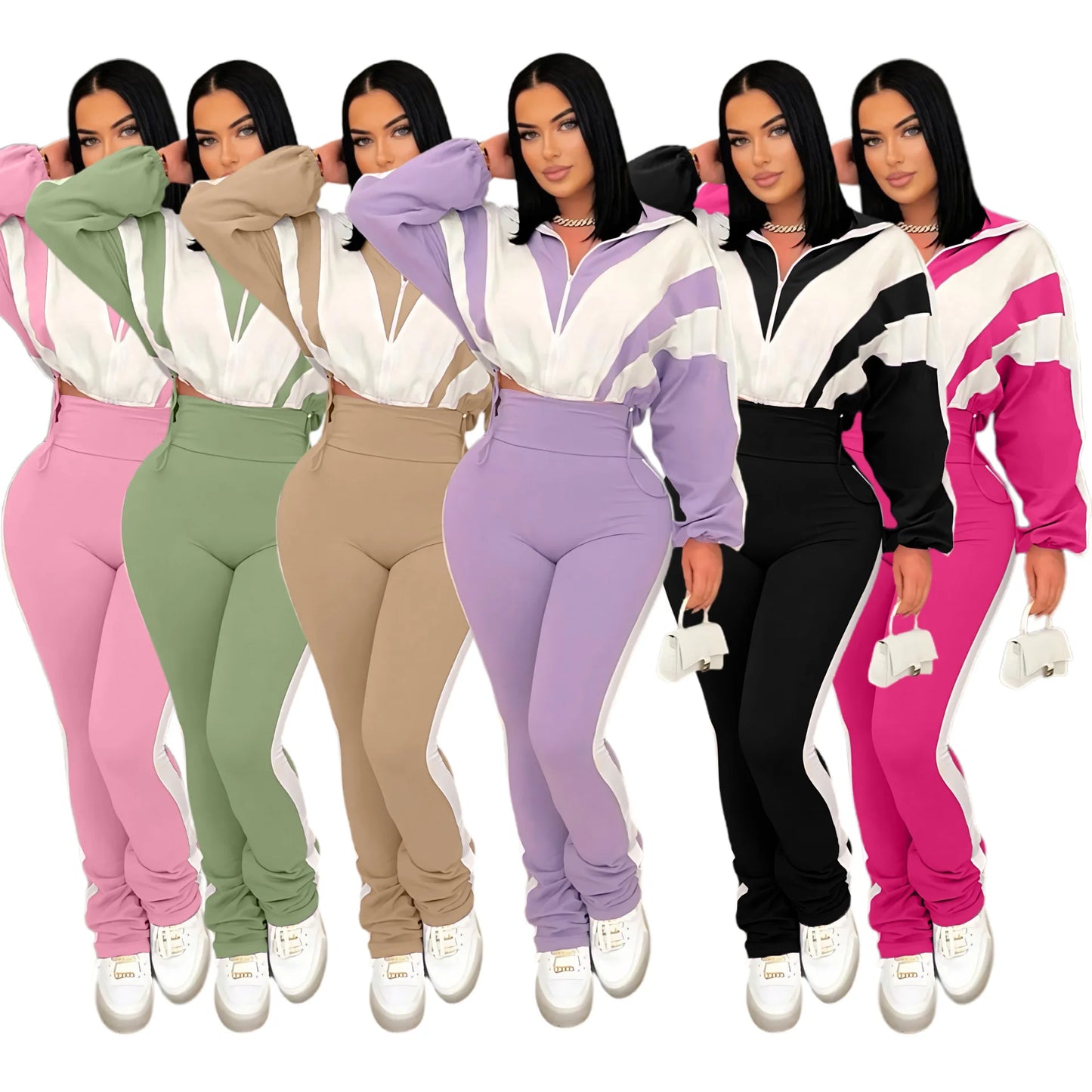 CM.YAYA Active Patchwork Women's Set Zipper Sweatshirt Jacket and Long Pants Suit 2025 Fall Two 2 Piece Sets Outfit Tracksuit