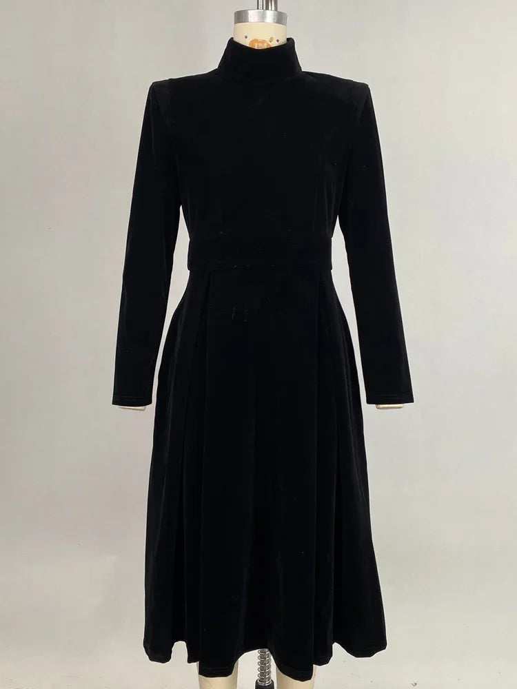Beautyblue Womens Evening Dresses High Neck Midi Dress New Black Long Sleeves Elegant Party Dress for Female Casual Gathering