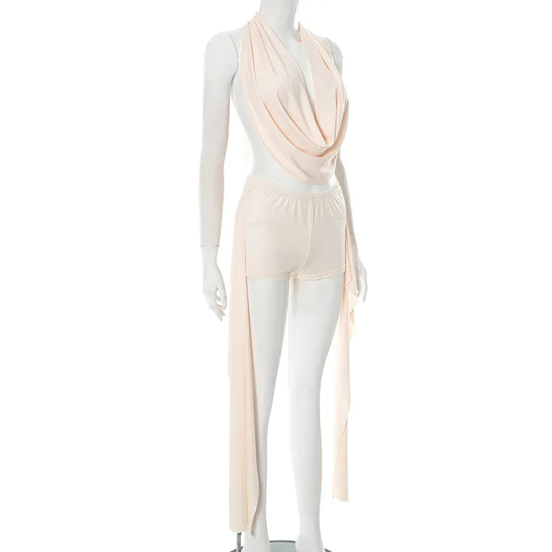 Joskaa 2025 Summer Beach Style 2 Piece Sets Women Sexy Backless Bandage Halter Tops and Ribbons Shorts Matching Vacation Outfits