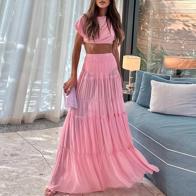 Female Casual O Neck Short Sleeved Top and Long Skirt Suit Fashion Pleated Party Outfits Pink Hollow Crop Holiday Two Piece Set