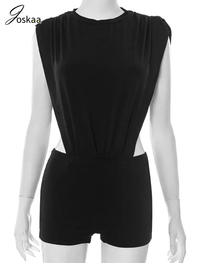 Joskaa 2025 Women's Black Two Piece Set Sexy Crew Neck Sleeveless Side Cutout Bodysuits and Bodycon Shorts Suits Y2K Streetwear