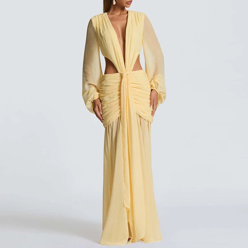 2025 New Autumn Long Sleeved Pleated Evening Dress Elegant Hollow High Waist Robe Dress Casual Women Chiffon Deep V Party Dress