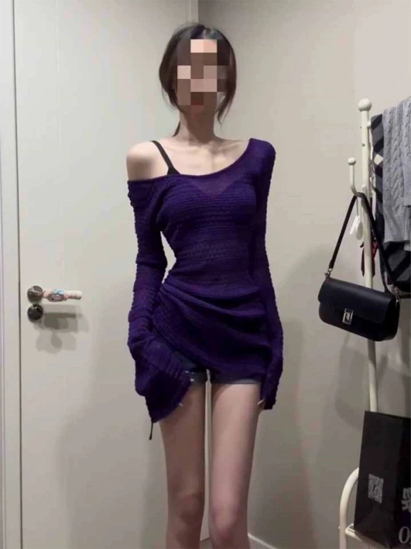 Women's Purple Y2k Knitted T-shirt Harajuku Tee Top Vintage 90s Aesthetic Oversize Flare Sleeve T-shirts 2000s Emo Clothes 2025
