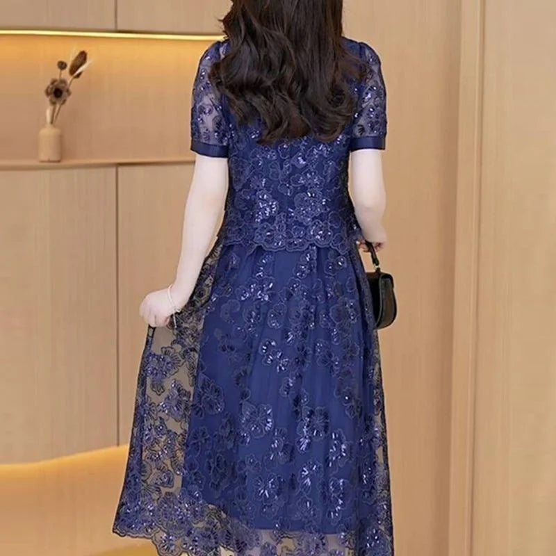 Lace Dress Women's High end Luxury Lady Two Piece Sets Silk Dress Suit Jacket And Dress 2023 Summer Waist Slim Long A-line Dress