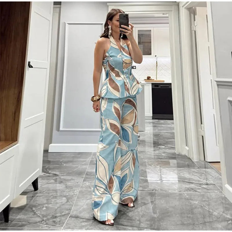 Halter Print Top Pants Set Women Backless Crop Tops Wide Leg Baggy Pants Two Pieces Set Chic Vacation Casual Women Outfit