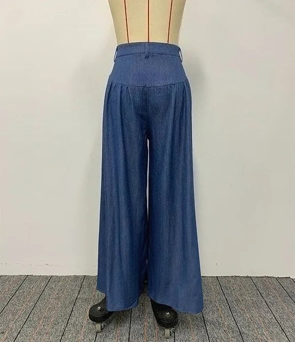 Women's Imitation Denim High Waist Wide Leg Palazzo Pants 2026 New Spring Fashion Pleated Casual Streetwear Y2K Style Trousers