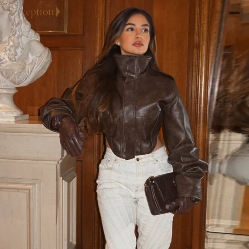 Tailored Crop Front Faux Leather Biker Jacket for Women