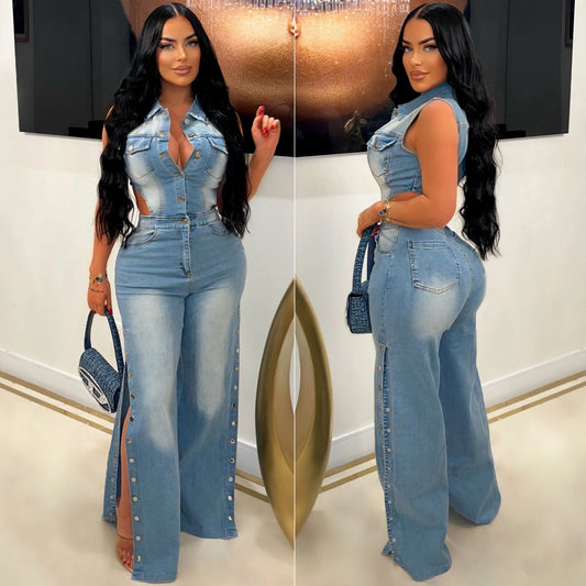 Hollow Out Jeans Cargo Jumpsuit Sexy Women Elegant Denim Stretch Casual Overalls Romper