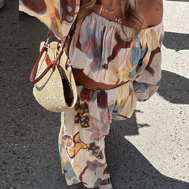 Fashion Crop Loose Women's Outfits Flower Print Off Shoulder Holiday Suit Casual Lantern Sleeve Top with Long Skirt Summer Sets