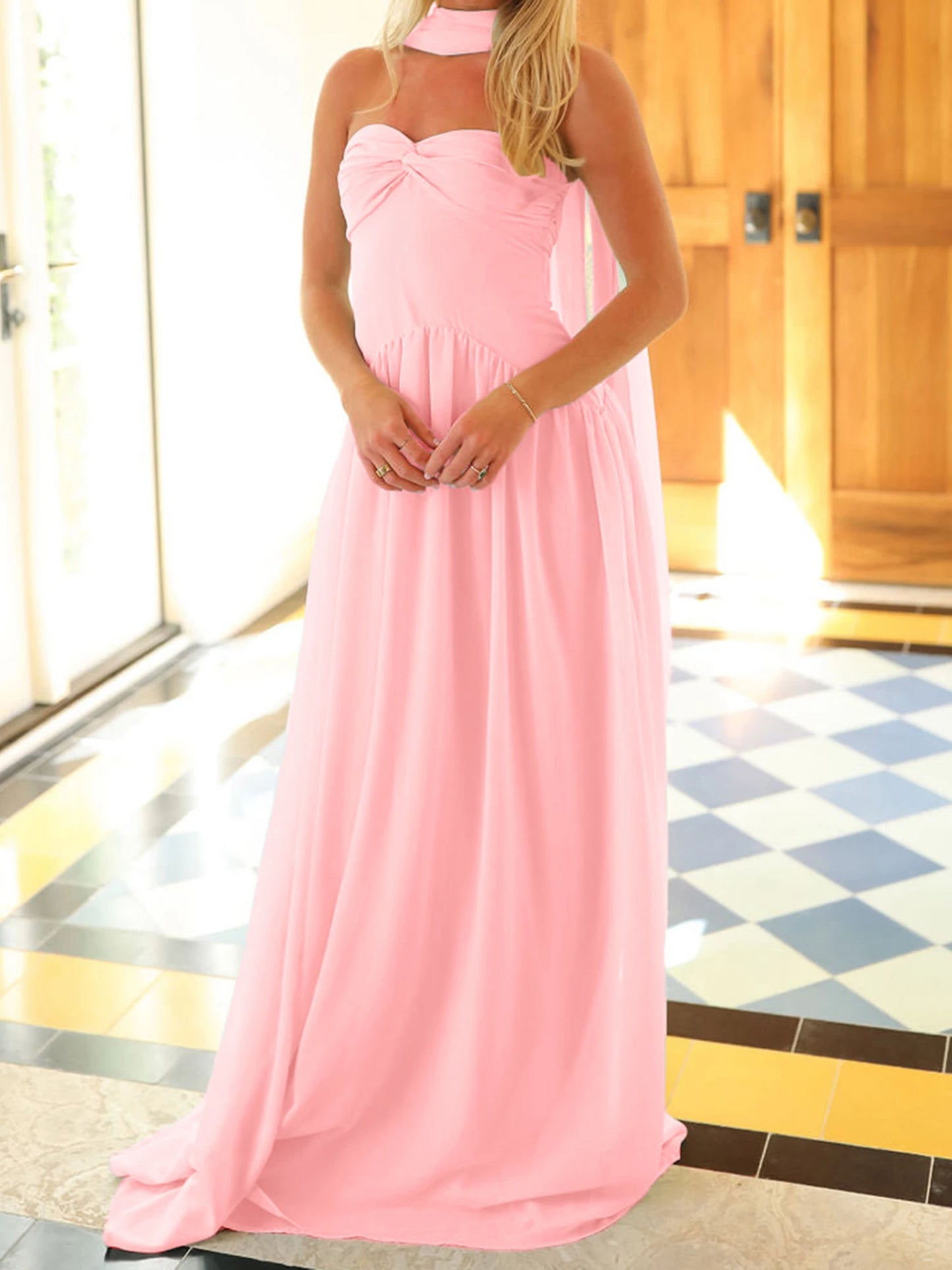 Women Long Dress Solid Color Tube Dress Summer Fashion Backless Casual Strapless Dress with Choker Scarf