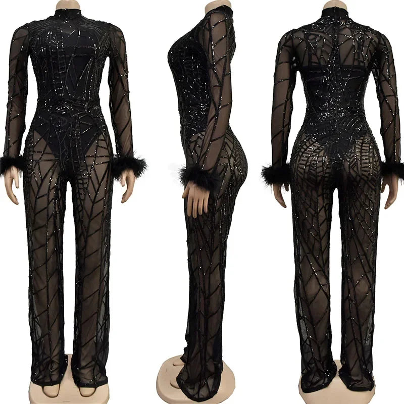 Znaiml Feather Long Sleeve Sequins Bodycon Jumpsuit Women Bodysuit Mesh See Through One Piece Overalls Birthday Party Outfits