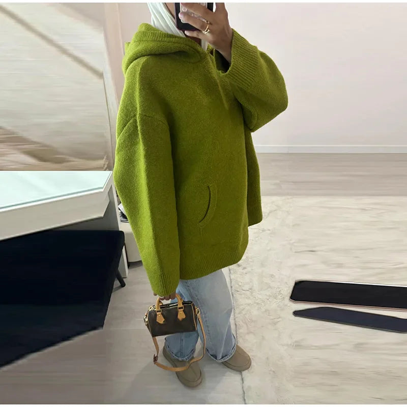 Green Women's Knit Hoodie Coat Full Sleeve Front Pocket  Casual Sweater Top 2025 Early Autumn Loose Female Knitwear Outerwear