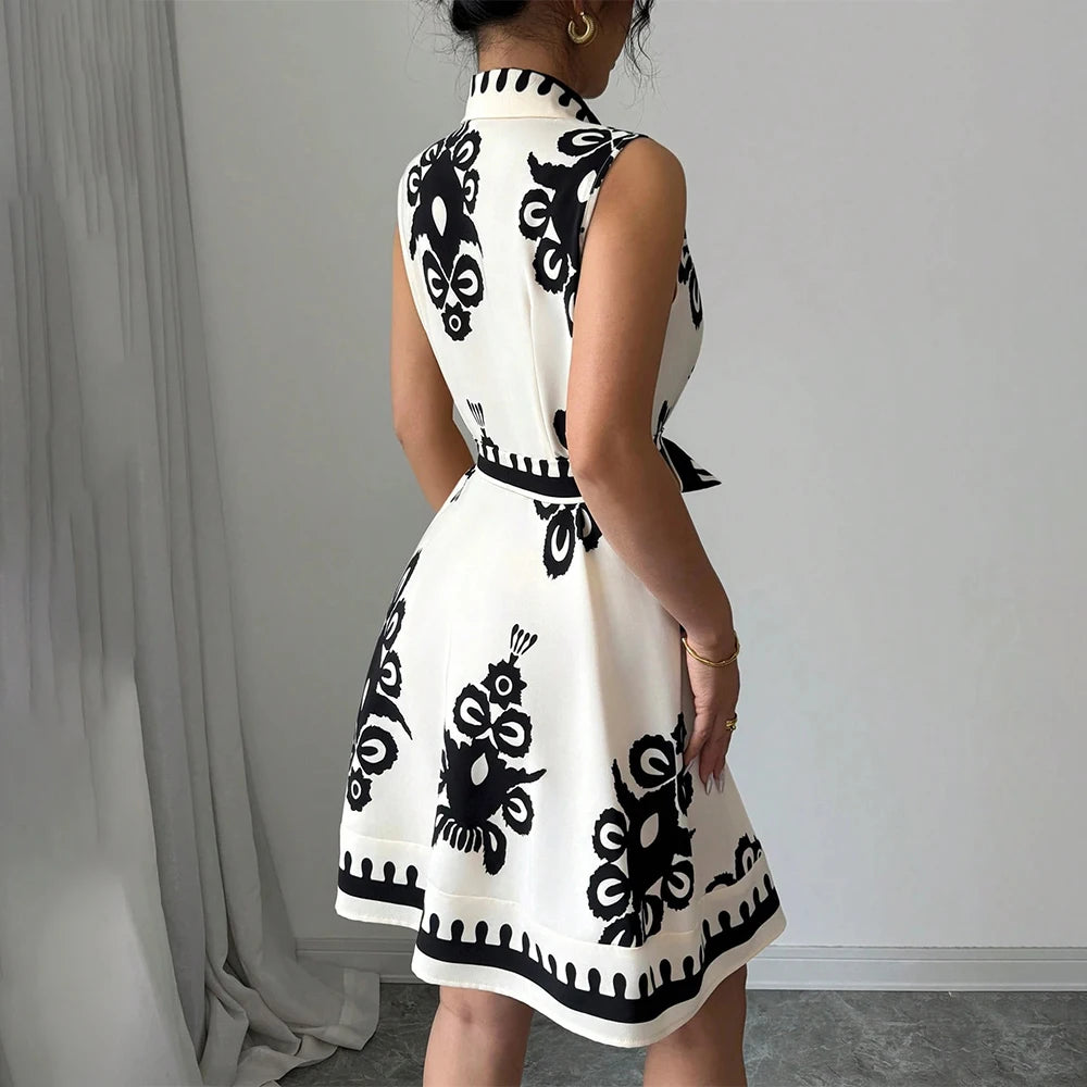 Plus Size Womens Printed Sleeveless Buttons A-Line Shirts Dress Summer Ladies Turn Down Collar Casual Holiday Sundress SizeS-2XL