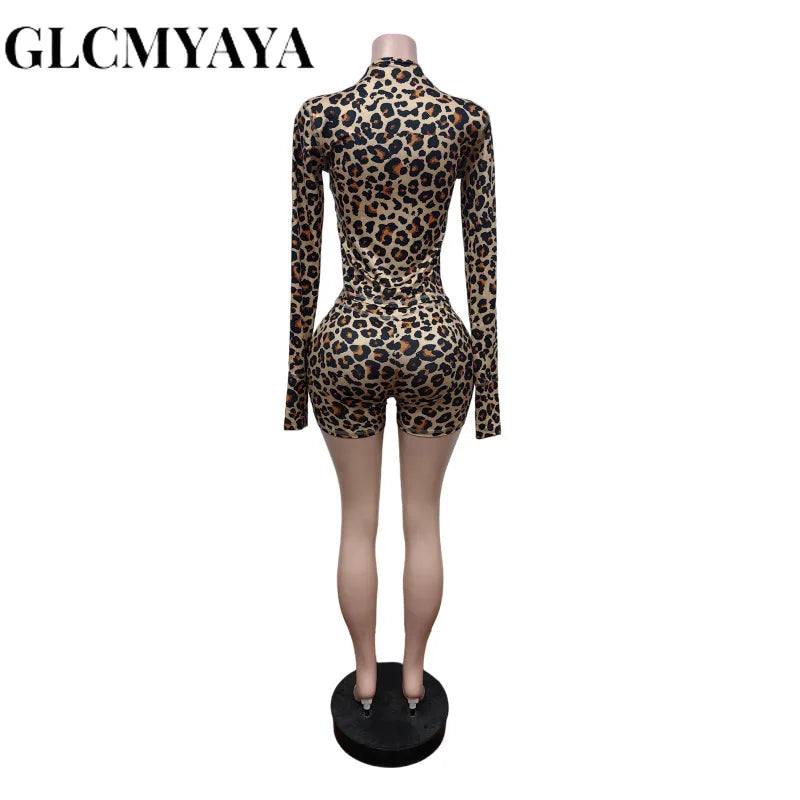 GLCMYAYA Sporty Leopard Printed Women's Set Long Sleeve Tee Tops and Shorts 2025 Fitness Tracksuit Two 2 Piece Set Outfits