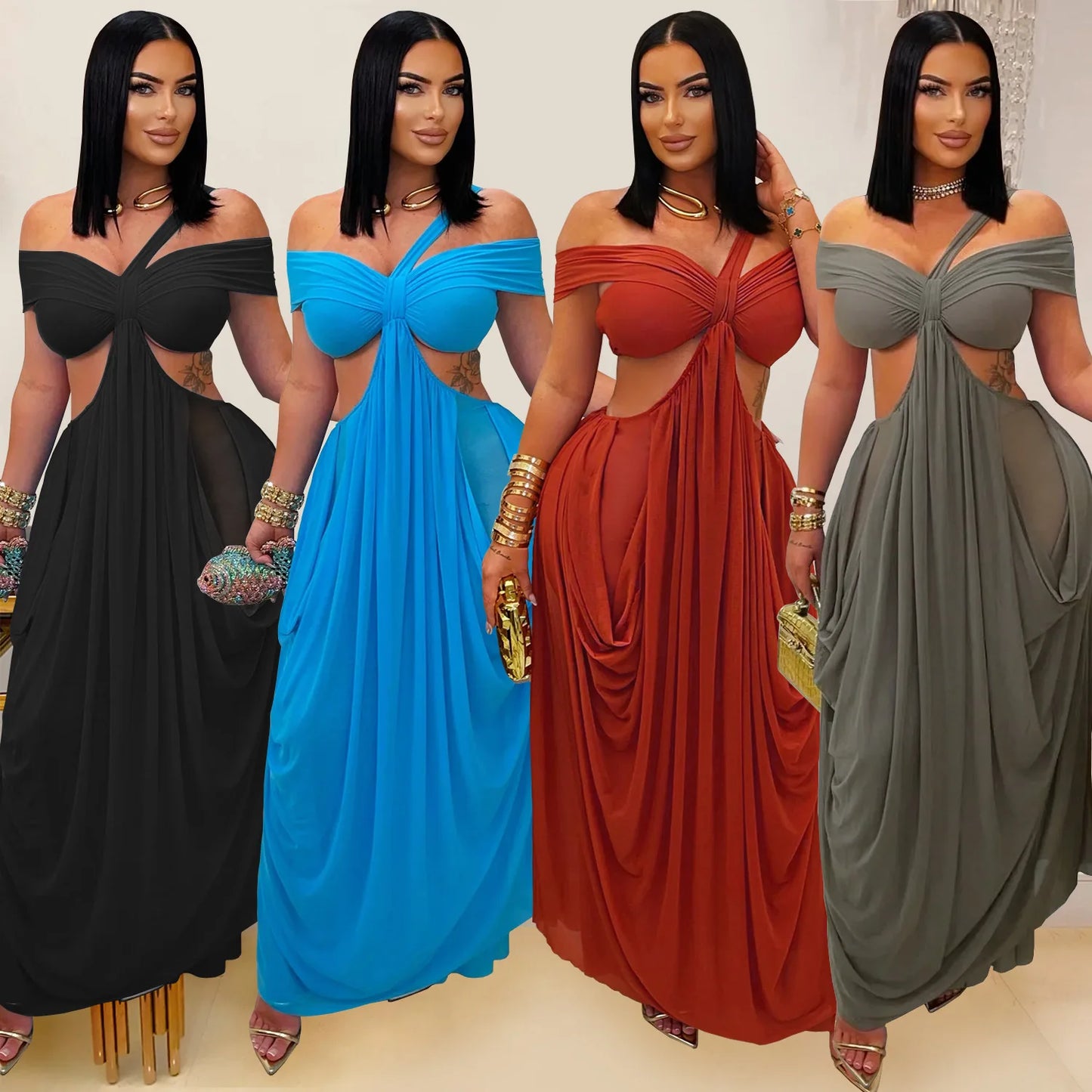 Joskaa 2025 Women's Elegant One Shoulder Strapless Mesh Irregular Maxi Dress Sexy Hollow Backless Skinny Evening Gown Clubwear