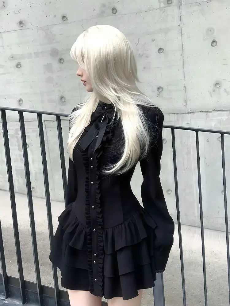 Black Gothic Long Sleeve Bow Tie Stand Collar Dress For Women