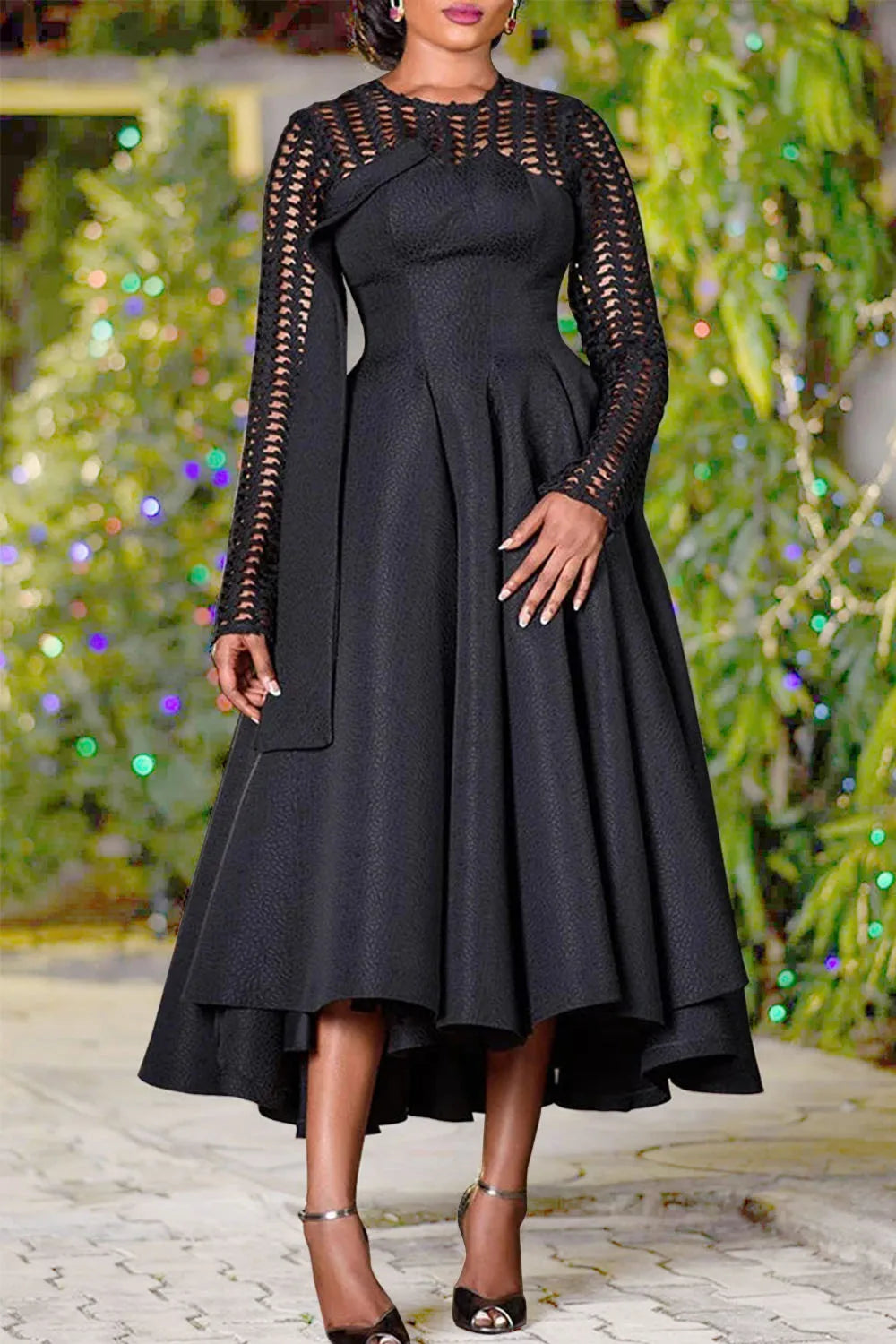 Plus Size Valentines Black Round Neck Long Sleeve Cut Out Pleated Midi Dresses