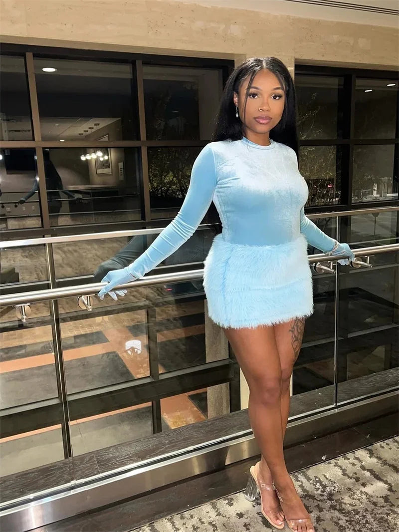 Velvet Long Sleeve Solid Gloves Sexy Bodysuit Furry Skirt 2 Piece Sets Fall Winter Women Elegant Outfit Party Birthday