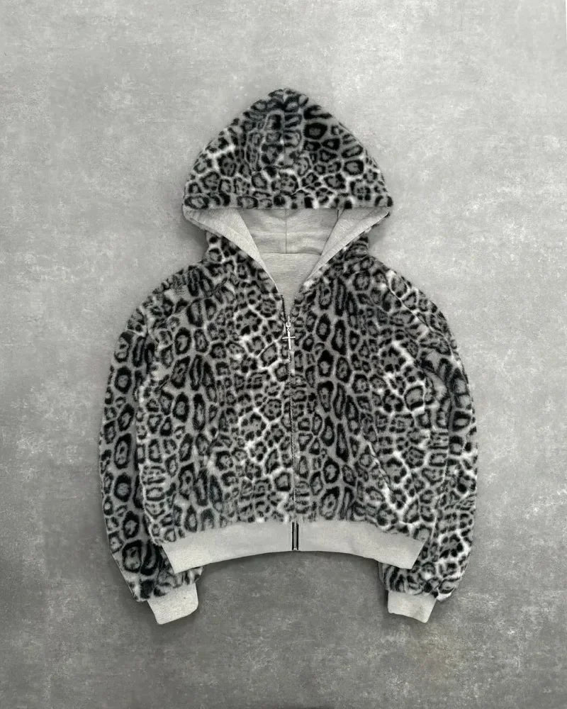 American Fashion Reversible Faux Fur Leopard Zipper Hoodie Mens Womens Oversized Sweatshirt Leopard Print Mink Fur Lining Y2K