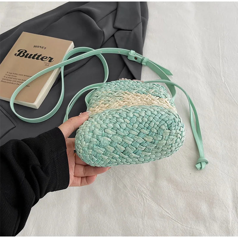 Brand Gradient Raffia Crossbody Bag Straw Drawstring Bohemian Summer Beach Travel Design Shoulder Bag Shop Basket Crossbody Bag
