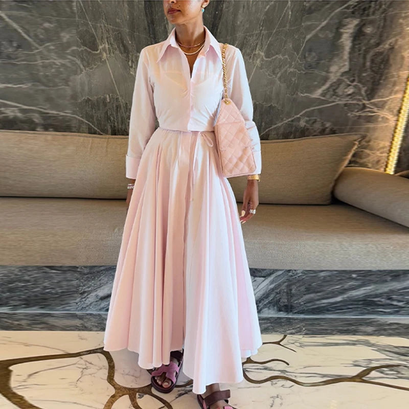 Solid Women's Casual Pleated Long Dress Fashion Lapel Full Sleeve Button Maxi Dress Lady 2025 Early Autumn Chic Street Robes