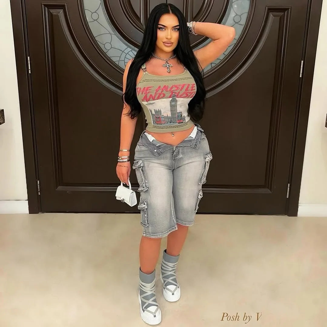 CM.YAYA Women Straight Washed Denim Knee Length Cargo Pants 2025 Summer Multi Pocket Street Casual Wide Leg Jeans Trousers