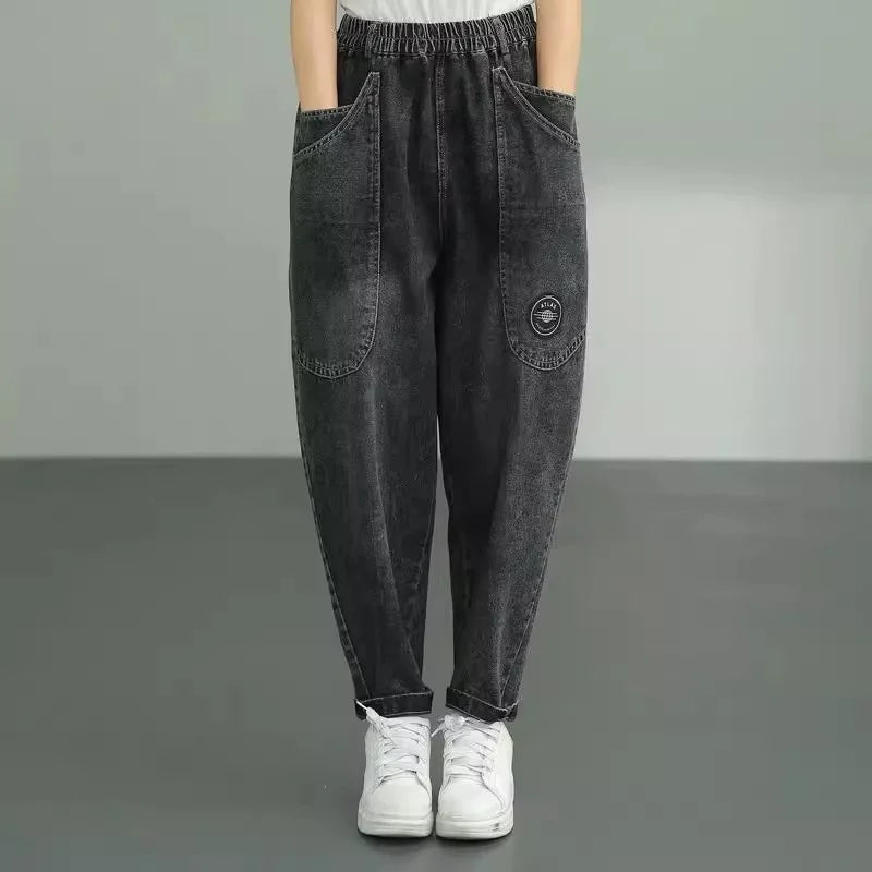 Women Loose Denim Tight Harem Pants 2024Summer Female Fashion Big Pocket BF Wind Elastic High Waist Ankle Jeans Female Trend B98