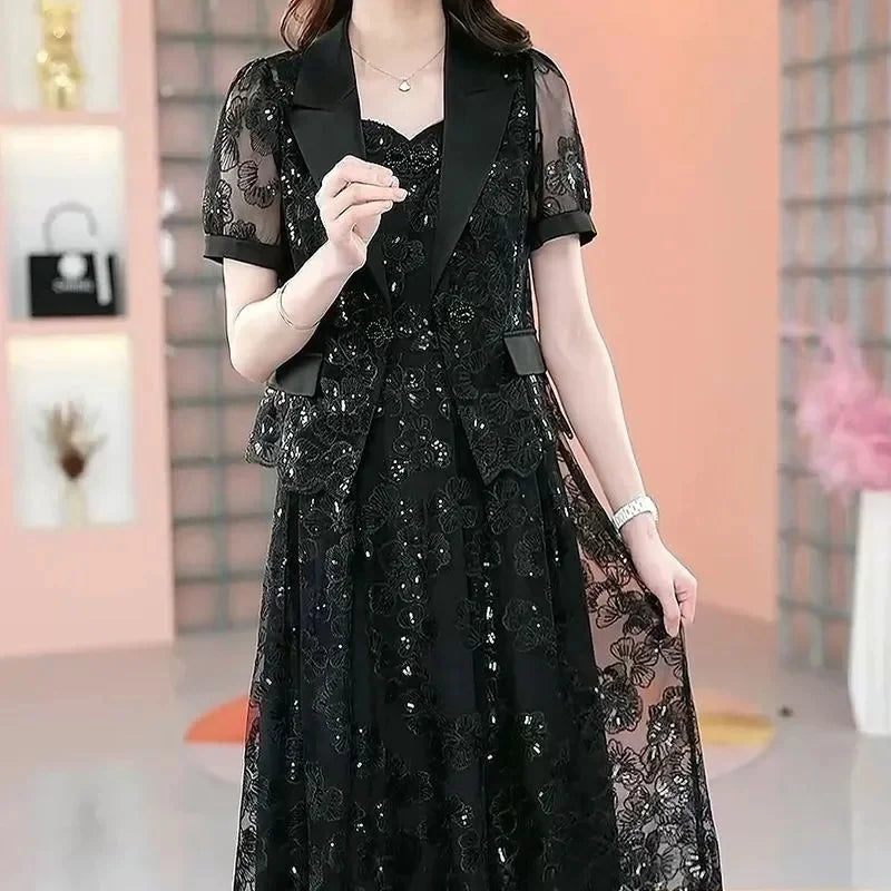 Lace Dress Women's High end Luxury Lady Two Piece Sets Silk Dress Suit Jacket And Dress 2023 Summer Waist Slim Long A-line Dress