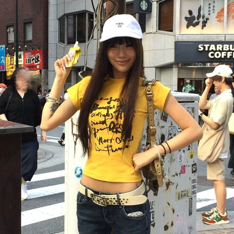 Karrram Japanese Y2k Letter Print T-shirt Vintage Harajuku Crop Top Trashy 2000s Style Short Sleeve Tee Shirt American Retro 90s