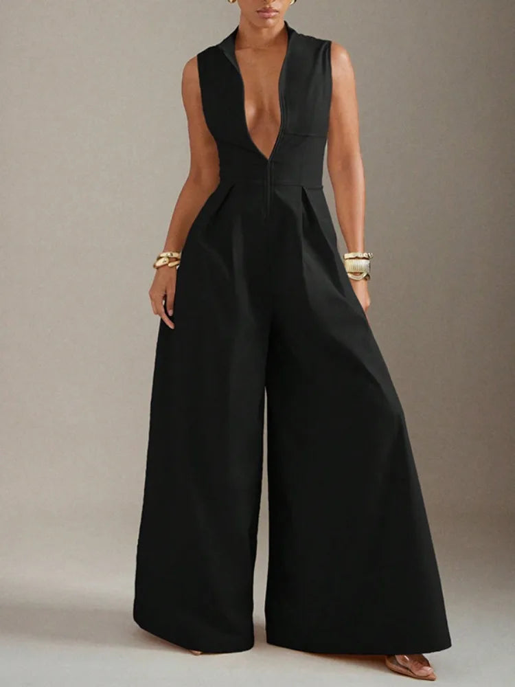 Beautyblue Female Jumpsuit V-neck Wide-leg Overalls Fashion Sleeveless Zipper Brown Formal Clothes Women's One-piece Jumpsuits