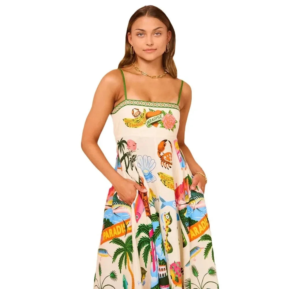 Sexy Off-Shoulder Graffiti Cotton Linen Print Maxi Dress Women's New Hot Sale Of The Season Sleeveless Loose Fit Gown for Women