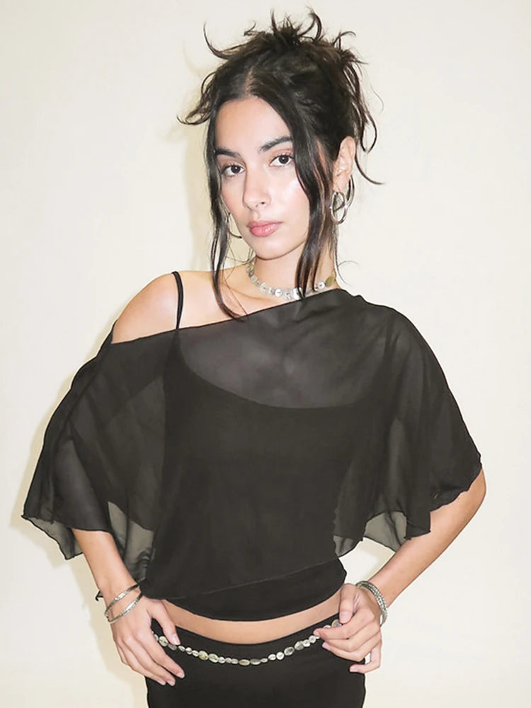 Weird Puss Summer Trend 2 Piece Crop Tops Women Sexy Short Sleeve Camisole+Mesh One-Shoulder Tops Clubwear 2025 Summer Club Tees