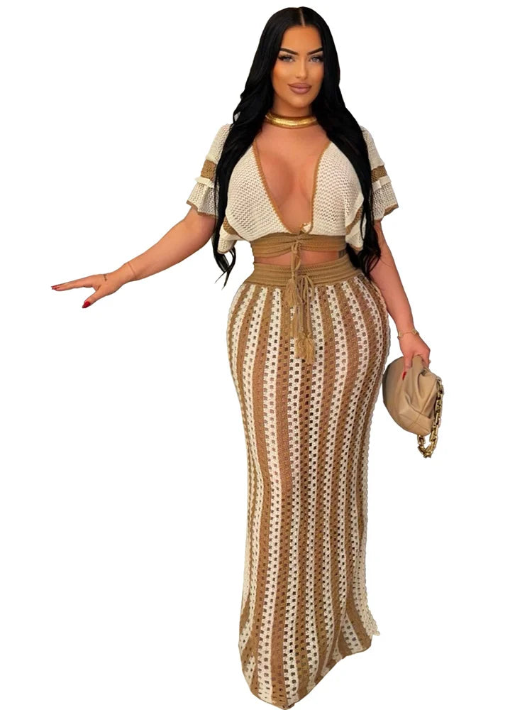 Wmstar Women Two Piece Set Sexy Elegant Knitted Crochet Beach Stripe Crop Tops Long Skirts Matching Set Holiday Birthday Outfits