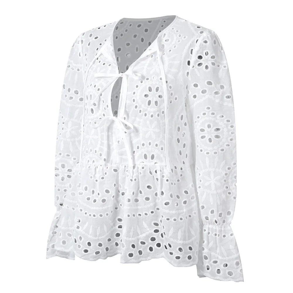 Women's Solid Boho Hollow Out Lace Up Lantern Sleeve Ruffle Blouse Autumn Ladies Casual Loose Holiday Vacation Tops Size S-2XL