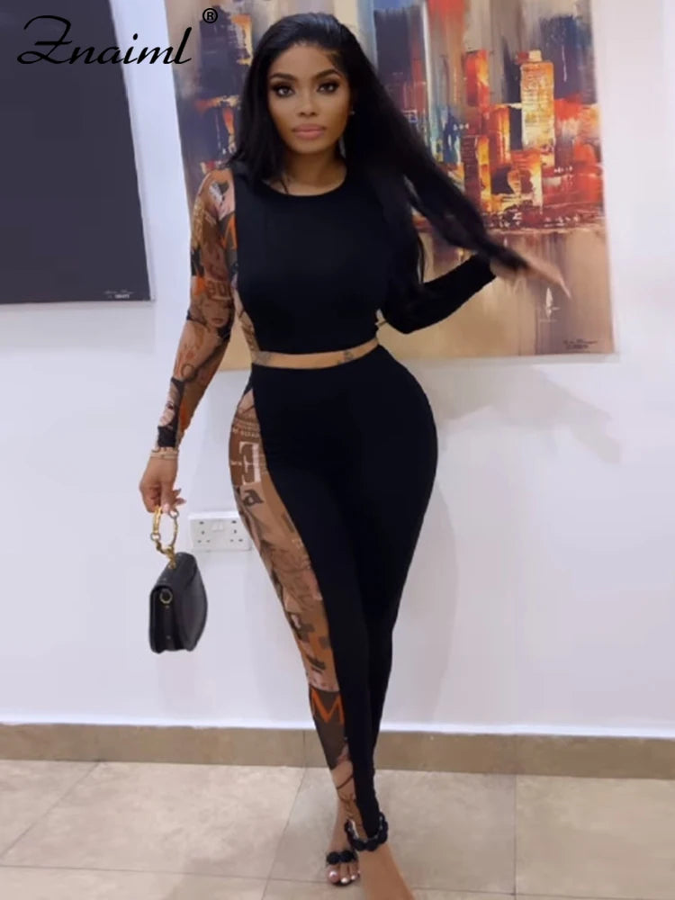 Znaiml Sexy Print Splicing Two Piece Sets Women O Neck Long Sleeve Crop Top and Pants Bodycon Matching Outfits Street Tracksuits