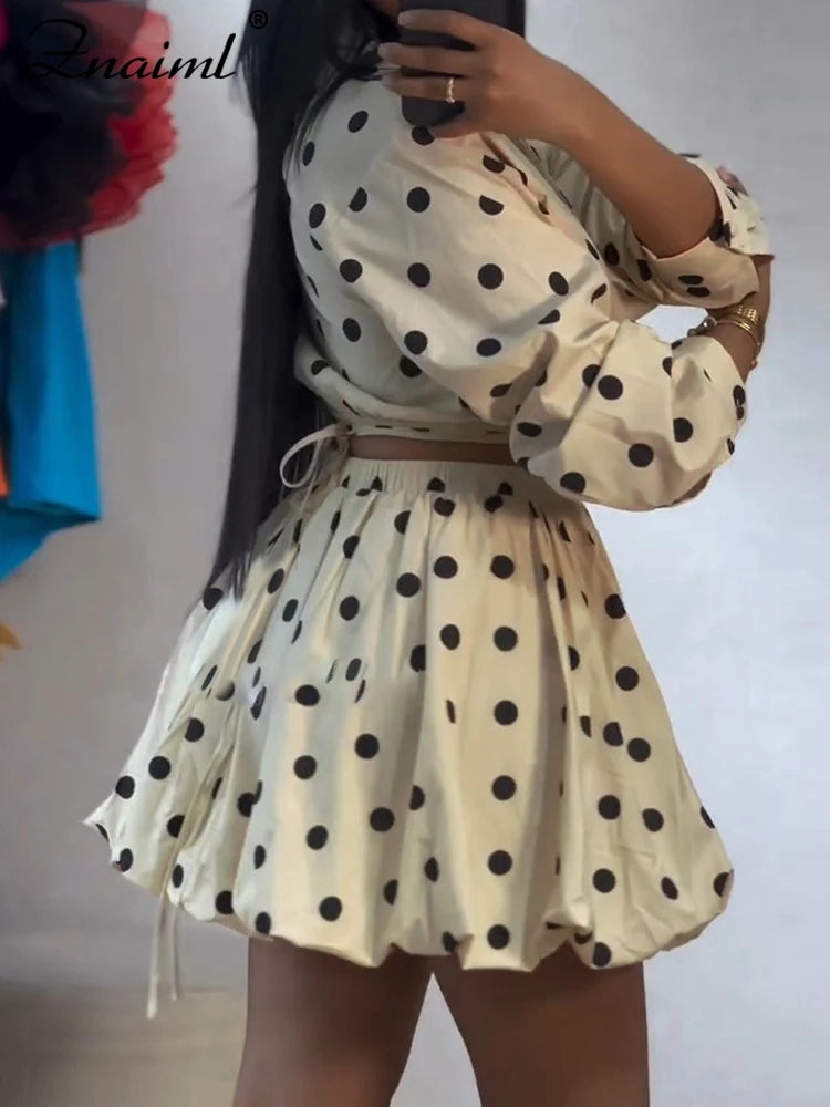 Znaiml Elegant Apricot Women 2 Piece Set Birthday Party Outfit Long Sleeve Crop Top and Ball Bown Skirt Polka Dot Suit Beachwear