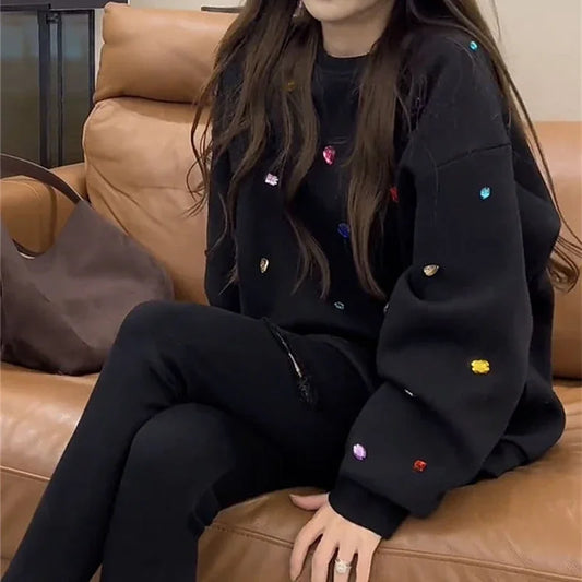 Korean style color drill turtle neck women's autumn and winter fashion shoulder-length long sleeve loose Joker black sweater