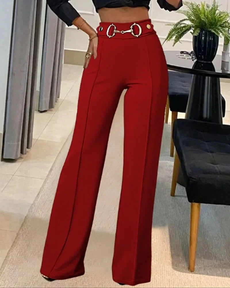 Fashionable High-Waisted Metal Buckle Decorated Solid Color Women's Straight-Leg Trousers New Style Independent Station Clothing