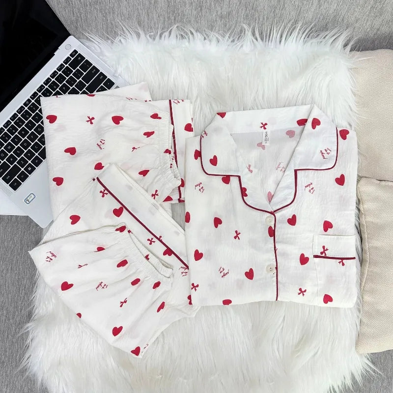 Korean Cute Heart Bow Print Pajamas Set Women 3 Piece Summer Soft Harajuku Style Homewear Sweet Love Pattern PJ Loungewear