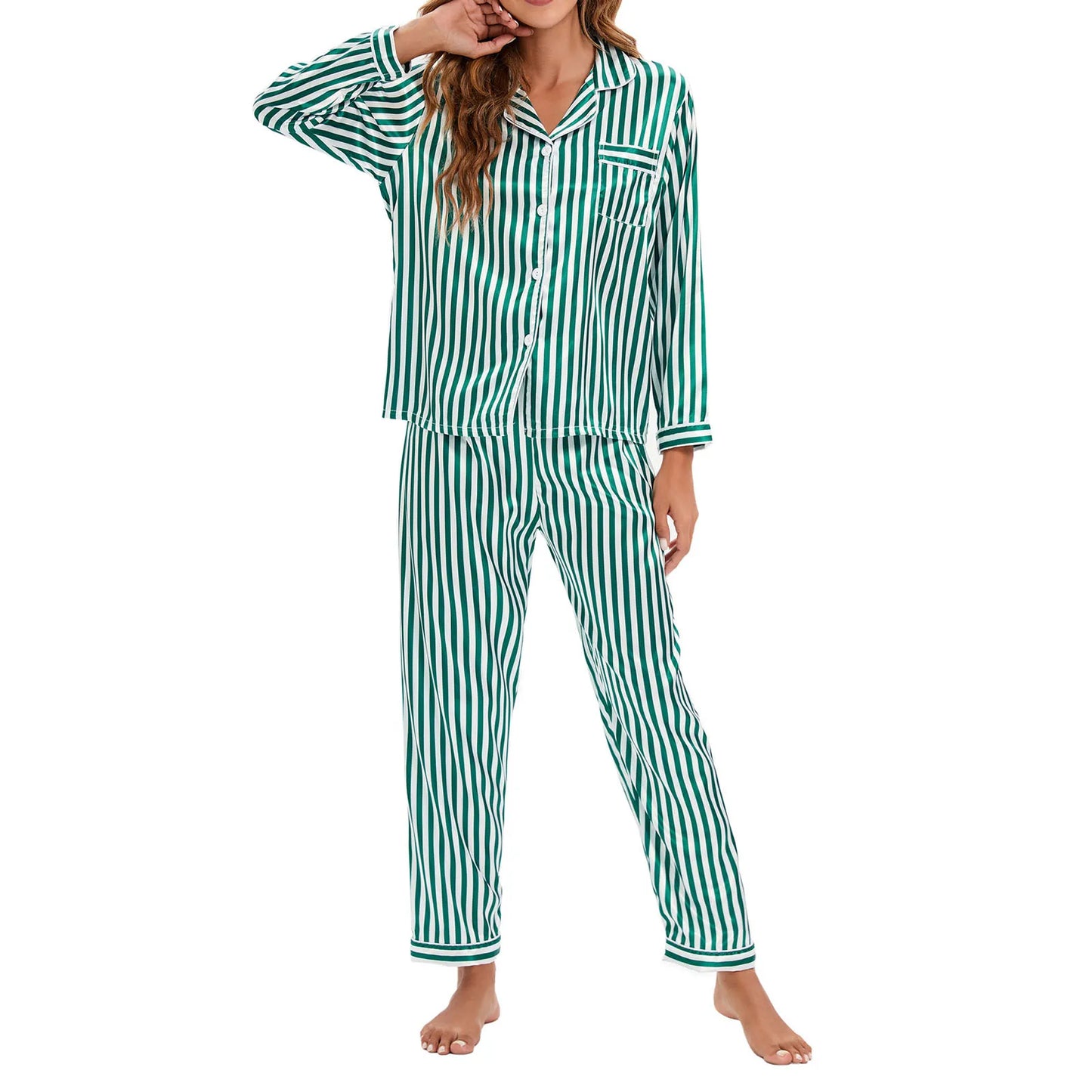 Women 2 Pieces Satin Pajamas Set Spring Autumn Long Sleeve Button Up Shirt and Casual Loose Elastic Pants Sleepwear Loungewear