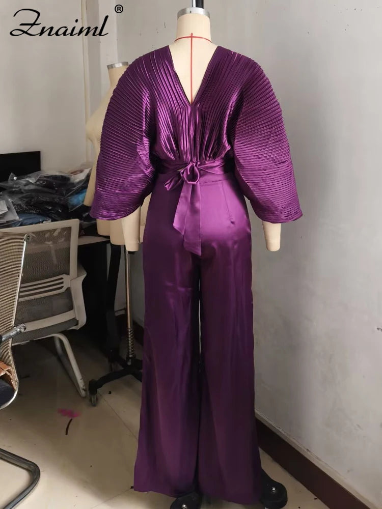 Znaiml Pleated Blouse V Neck Full Sleeve and Wide Leg Pants Women Loose 2 Pieces Sets Elegant Office Ladies African Outfits 2025