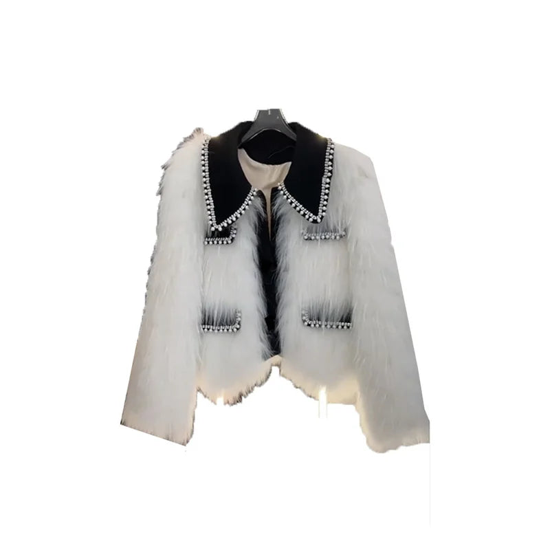 High end Heavy Industry Nail Bead Imitation Fox Fur Grass Coat for Women's Autumn and Winter 2024 New Unique Warm Top Jackets