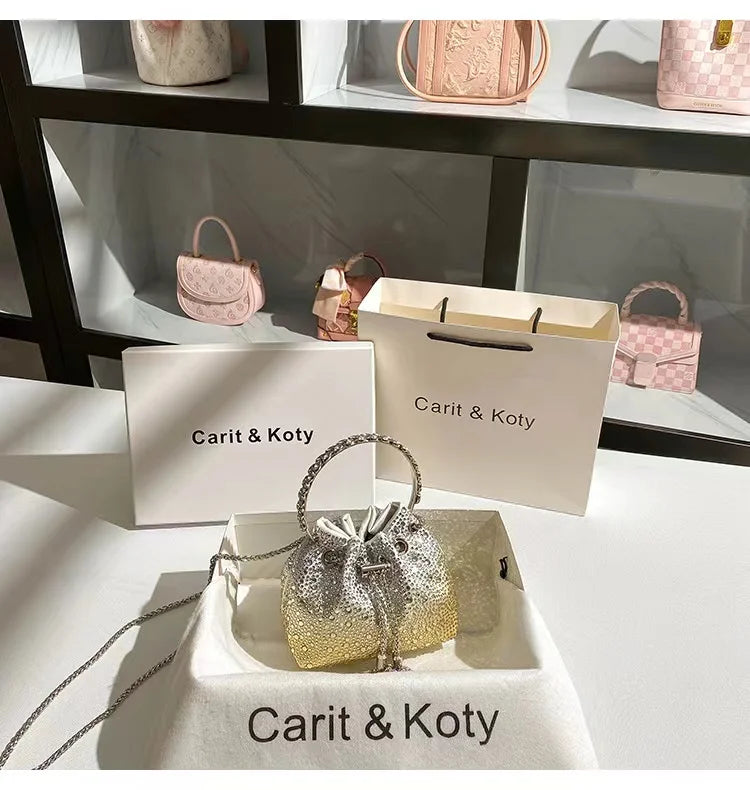 Crystal Shiny Diamonds Bucket Bag Fashion Women Handbag Metal Ring Handle Evening Bag Wedding Party Clutch Purse Crossbody Bag