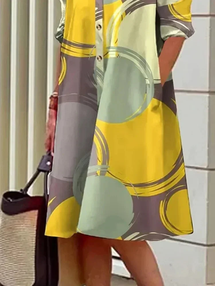 Fashion Women‘s T-shirts Dress Long Sleeves Buttoned 2025 Autumn Summer Casual Printed Lapel Shift Midi Daily Dresses for Ladies